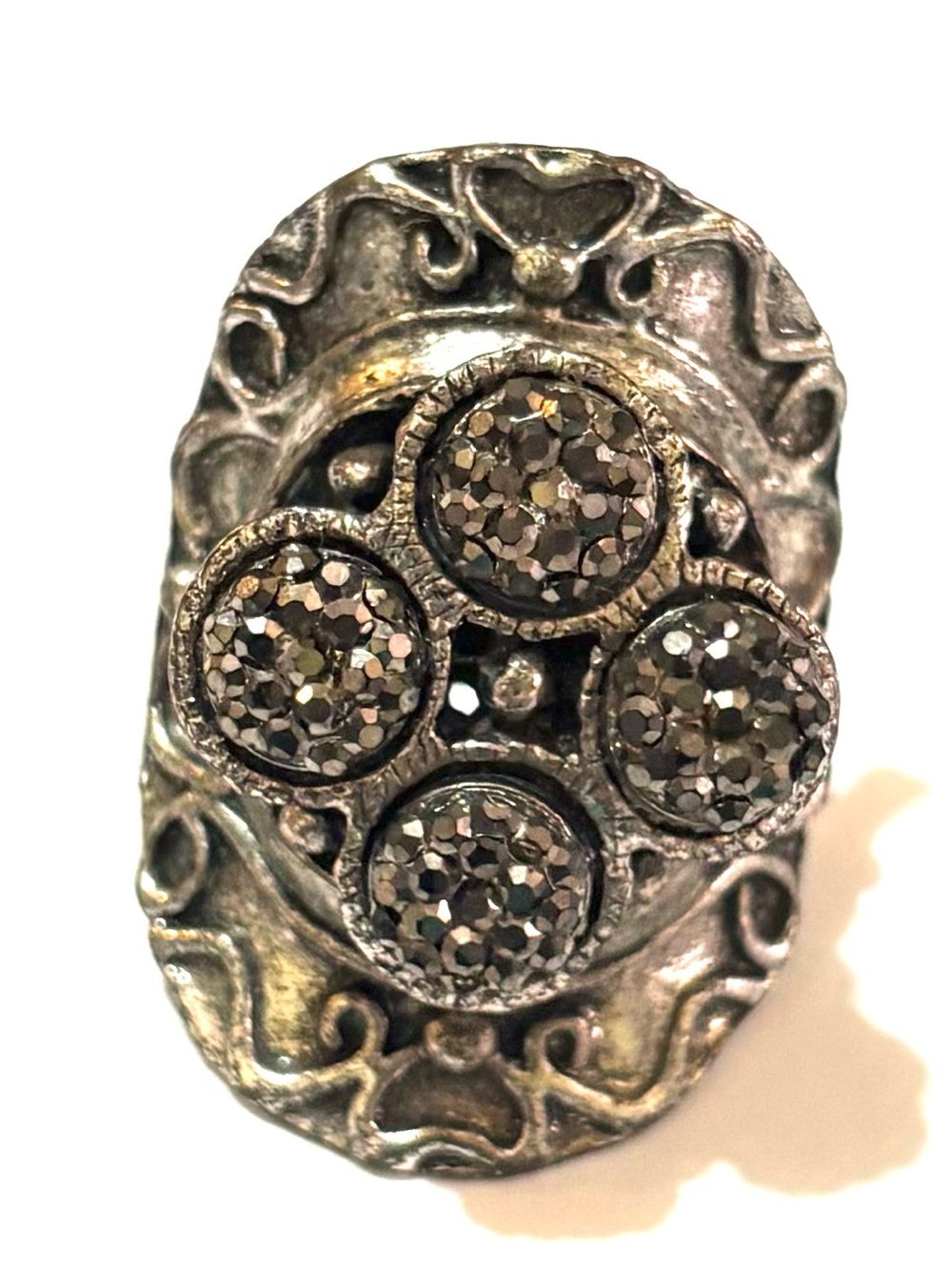 Vintage-Inspired Silver Tone Crystal Cluster Ring - Gray one size adjustable